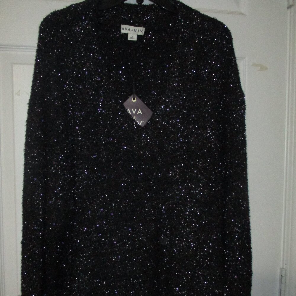 Ava & Viv Womens Size 1X Black and Silver Tinsel V Neck Long Sleeve Sweater
